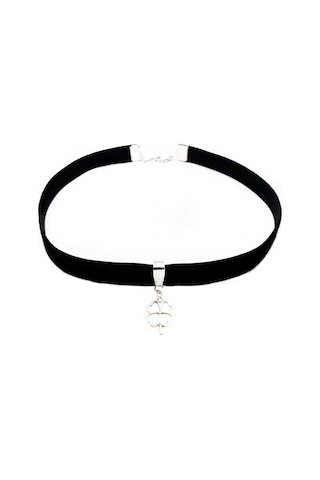 Siyah Renk Kadife Kadın Yonca Choker Kolye Gümüş