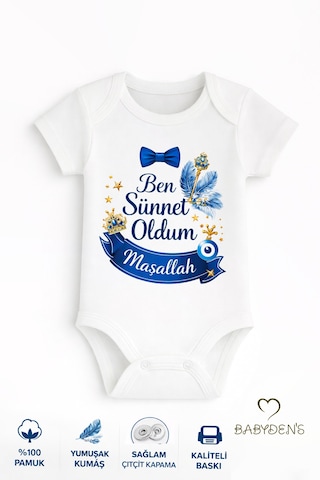 Babyden's Sünnet Kıyafeti Erkek Bebek Body Ben Sünnet Oldum Maşallah Baskılı Zıbın Kısa Kol Body Beyaz