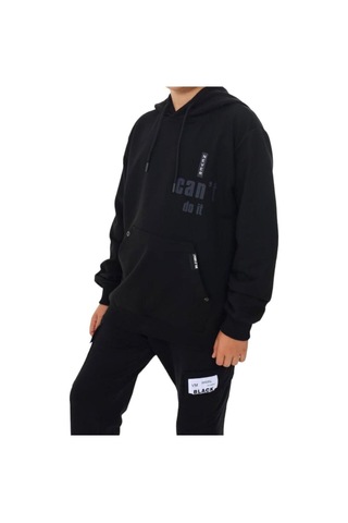 Erkek Çocuk Kapüşonlu Kanguru Cepli Can't Do It Yazılı Sweatshirt-13386-siyah Siyah