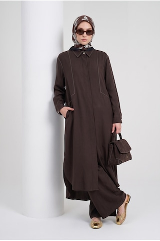 Armine Trend Gizli Patlı Düğmeli Uzun Tunik Pantolonlu İkili Takım Kahverengi 26yt6137
