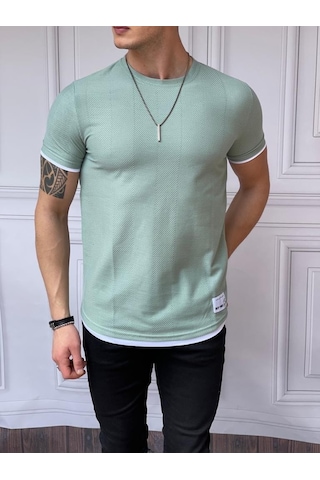 Modefendi Slim Fit Örgü Desen Pamuklu Parçalı Tshırt Yeşil