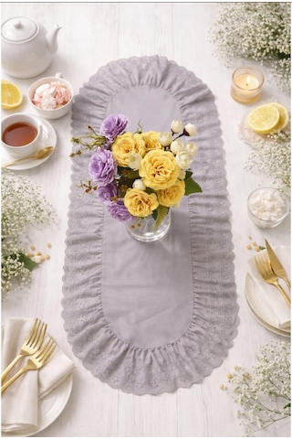 Fırfırlı Fistolu Duck Keten Oval Runner & Dekoratif Örtü &sehpa Örtü 35x65 Cm Gri