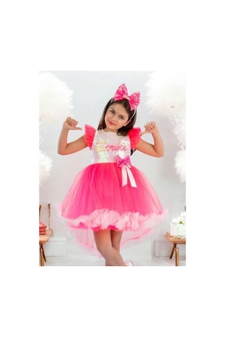 Cantoy Kız Çocuk Önü Kısa Arkası Uzun Taçlı Barbie Kostüm-15220 Pembe