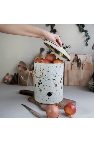 Terrazzo Cream Desenli Metal Soğanlık, 17.5 X 22.5 Cm, 5 Lt