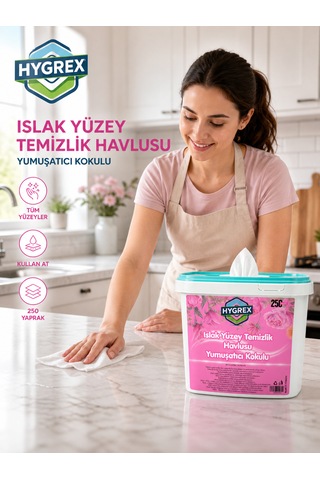 Hygrex Yüzey Temizlik Havlusu Yumuşatıcı Kokulu Islak Kova Mendil 250 Adet Ev Ofis Tüm Yüzeyler Beyaz