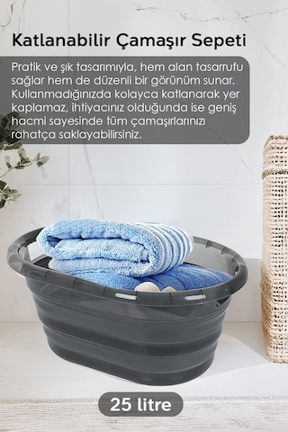 2'li Çamaşır Sepeti Seti - 90lt İki Bölmeli Kirli Çamaşır Sepeti Akordiyon Katlanabilir Sepet Platin Gri