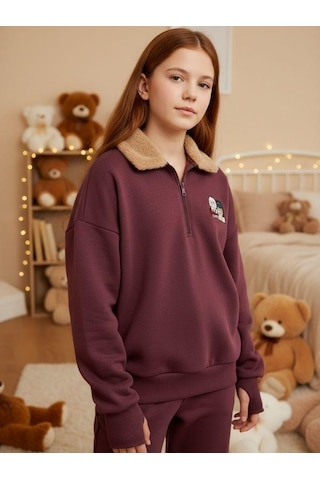 Kız Çocuk Yakası Tüylü Fermuarlı Parmak Geçirme Detaylı Tasarım Sweatshirt-16489 MÜRDÜM