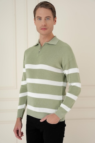Efor Slim Fit Çizgili Fermuarlı Polo Yaka Yeşil Triko Kazak Tr 877 Yeşil