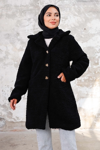 Bestenur Çift Cepli Tesettür Peluş Kap 1245 - Siyah