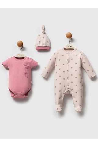 Moi Noi Baby Moi Noi 3lü Şapkalı Baskılı Tulum - Pembe Gül Kurusu