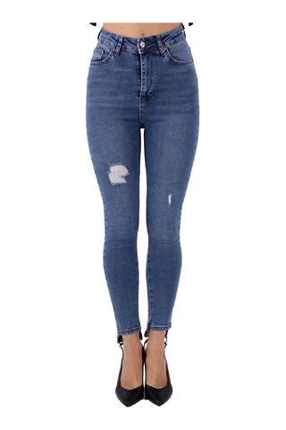 Alemdarshop Mavi Renk Dar Paça Eskitme Detaylı Yüksek Bel Jeans - Mavi