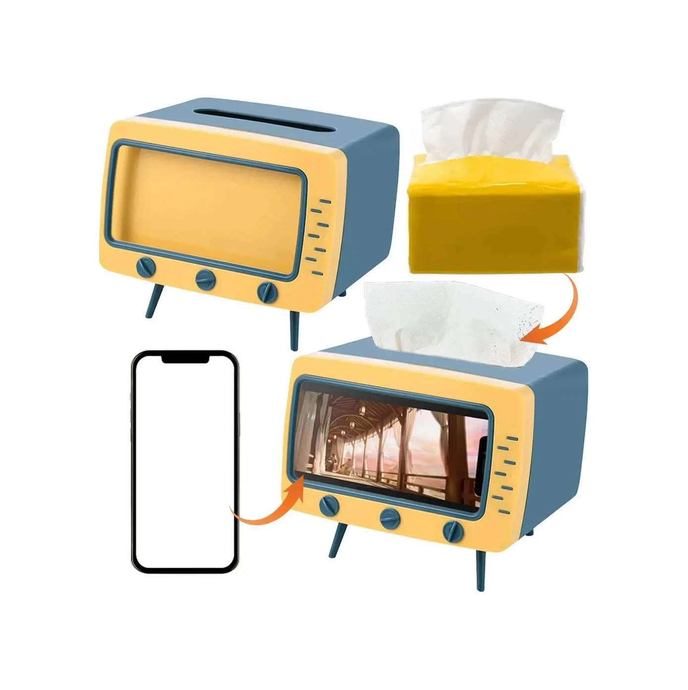 Kosona Retro Tv Desenli Tütsü Kutusu, Akıllı Telefon Tutucu İle Multifonksiyonel Abs+pp Malzeme, Ev Ofis Dekorasyonu Sarı/mavi
