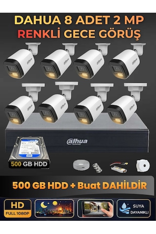 8 Kameralı 2mp Gece Renkli Güvenlik Kamerası Seti, 500 Gb Hdd, Fullhd İç Dış Mekan Uyumlu 27625506