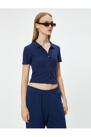 Koton Crop Tişört Gömlek Yaka Düğmeli Kaşkorse Kısa Kollu Slim Fit Lacivert 4sal10848ık Lacivert