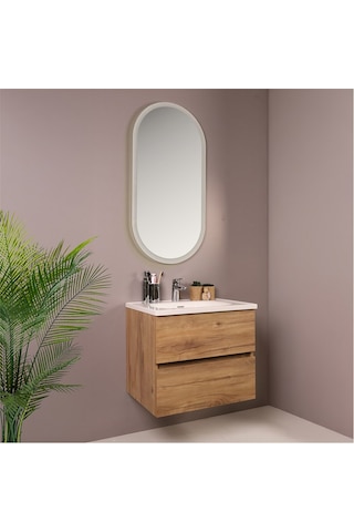 Kobos Simple 60 Cm Çekmeceli Banyo Dolabı Seti Light Walnut Ahşap