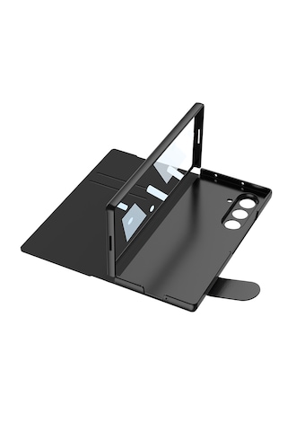 Samsung Uyumlu Galaxy Z Fold 7 Kılıf Aynalı Akıllı Şık Tasarımlı Suni Deri Mıknatıslı Katlanabilir Kapak Siyah