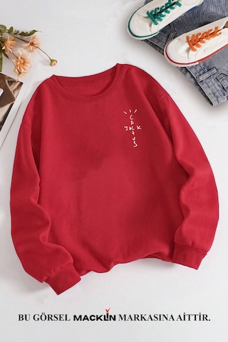 Macklin Unisex Kadın Erkek Travis Scott Cactus Jack Özel Tasarım Baskılı Bisiklet Yaka Sweatshirt Kırmızı Mck1299 Kırmızı