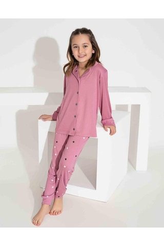Kız Çocuk Yakası Kalp Desenli Düğmeli Uzun Kollu Pijama Takımı-961 Pembe