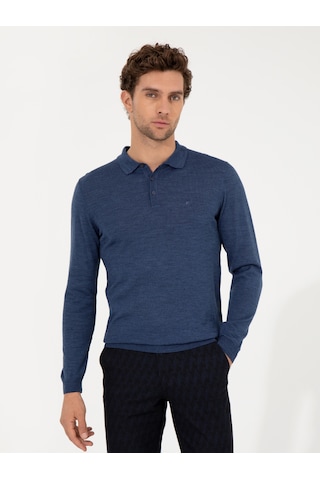 Cacharel İndigo Slim Fit Polo Yaka Basic Triko Kazak Mavi