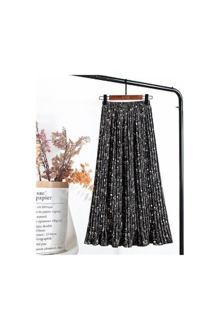 Siyah Qooth Yaz Kadın Çiçek Baskılı Pilili Şifon Etek Yüksek Bel Pilili Orta Uzunlukta Elastik Bel Etek Qt807 Siyah