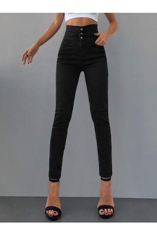 Kene Jeans Kadın Siyah 3 Düğme Likralı Dar Paça Kot Pantolon Siyah