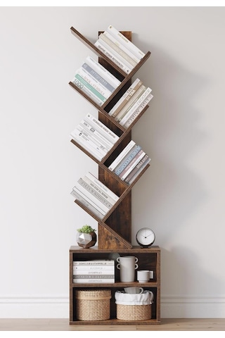 6 Katlı Kitaplık Depolama Dolaplı, Dar Ve Uzun Ağaç Kitaplık Modern Rustik Kahverengi Kitap Düzenleyici Beyaz