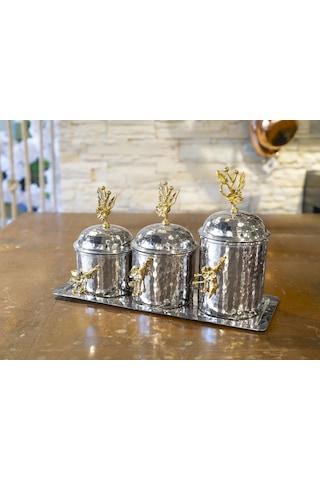 3'lü Çiçekli Baharatlık Takımı Gümüş