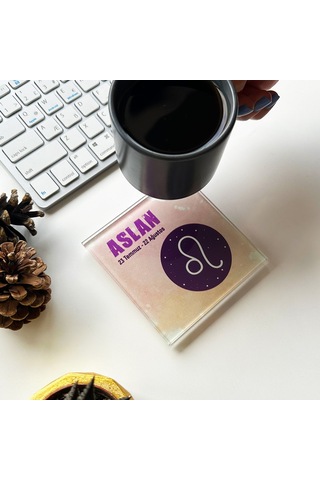 Decorita Cam Bardak Altlığı Burçlar - Aslan Burcu 4'lü Takım Çok Renkli