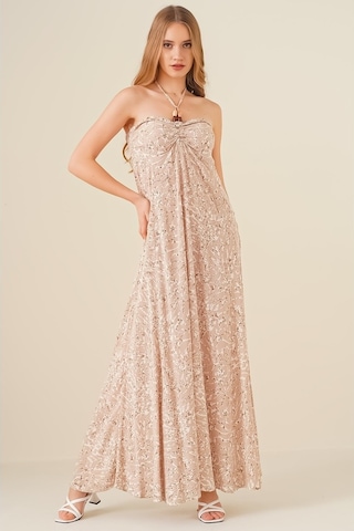 Gabria Kadın Boyun Bağlamalı Desenli Elbise Taş