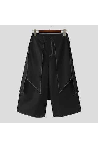 Incerun Sonbahar Sahte İki Parçalı Pileli Düzensiz Etek Uzun Pantolon Siyah