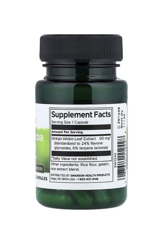 Takviye Swanson Vitamins, Ginkgo Biloba Extract, Standardised, 60 Mg, 30 Capsules