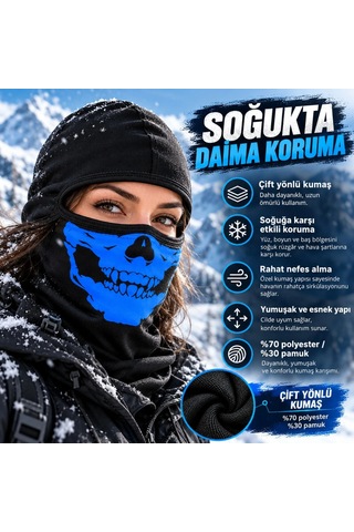 Unisex Mavi Kurukafa Desenli Balaklava Kar Maskesi Siyah Tam Kafa Motorcu Boyunluk Ve Yüz Maskesi