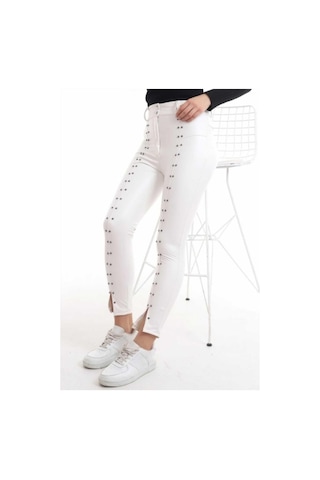 Munn Collection Beyaz Taş İşlemeli Deri Tayt Beyaz