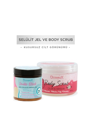 Derminix Çilek & Vanilya Özlü Vücut Peeling 300 ML + Double Effect Selülit Karşıtı Jel 250 ML