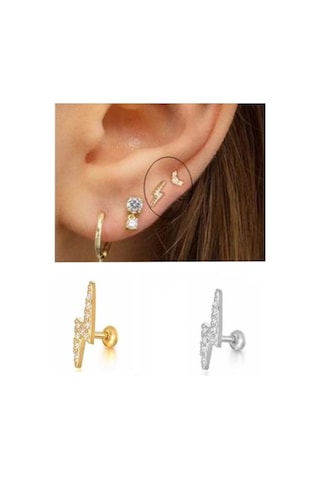 Zirkon Taşlı Şimşek Figürlü Tragus Helix Piercing Kıkırdak Küpesi 001