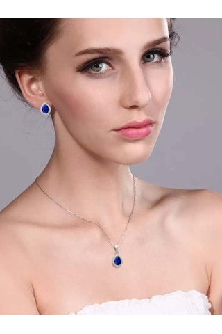 Brezza Lusso Jewelry Damla Model Safir Mavisi Zirkon Taşlı Gümüş Kadın Kolye Küpe Seti