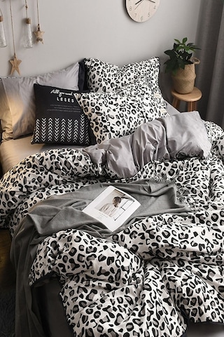 İqon Leopar Premium Cotton 64S Lastikli Çarşaflı Çift Kişilik Nevresim Takımı Siyah