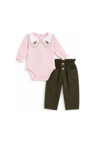 Babyhola 1-3 Yaş Kız Bebek Çocuk Çıtçıtlı Badi Pantolon Şık Alt Üst 2'li Takım Bayramlık 2327 Haki