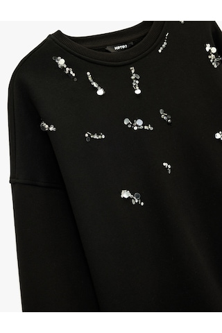 Koton Şardonlu Uzun Kollu Bisiklet Yaka Pul Payet Detaylı Sweatshirt Siyah 6wak10151ek Siyah