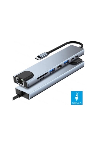 Shaza 8in1 USB Type-C Hub Port Adaptör HDMI USB Ethernet PD Girişli