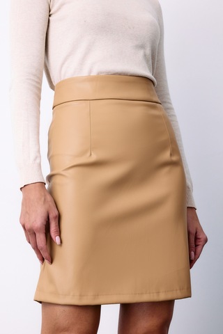 Sateen Şardonlu Deri Etek - Bej-135487 Bej
