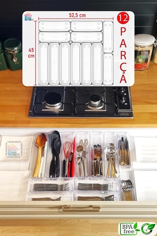 6no3 6no4 12'li Çekmeçe Içi Kaşıklık Organizer Mutfak Modüler Kaşık Çatal Bıçak Düzenleyici Şeffaf 55 X Çok Renkli