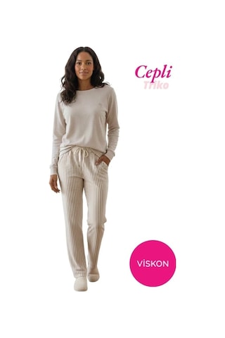 Kadın Viskon Mevsimlik Uzun Kol Cepli Pijama Takımı-üstü İnce Triko Alt Pijama Dar Kesim Jakar Kumaş Bej