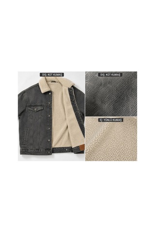 Neco Giyim Erkek İçi Yünlü Kürklü Kot Ceket Antrasit Oversize Denim Kışlık Mont Füme