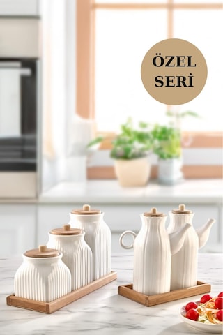 7 Parça Standlı Vakumlu Yağdanlık Ve 3'lü Çay Şeker Kahve Baharat Seti Ve Türk Kahve Kavanoz Seti Beyaz