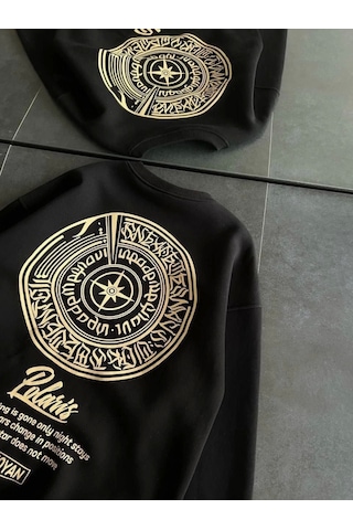 İkales Kışlık Bisiklet Yaka Ön Ve Arka Baskılı Sweatshirt - Siyah