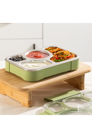Porsima Bl25239 Isı Yalıtımlı Paslanmaz Çelik Sızdırmaz Silikon Kapak 4 Bölmeli Vakumlu Yemek Termosu Beslenme Kutusu Taşınabilir Lunch Box Sefer Tası Yeşil