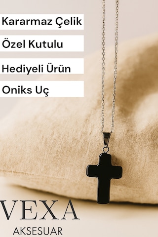 İthal Çelik Oniks Taşlı Haç Kolye - Kararmaz İthal Çelik Zincir - Özel Kutulu Hediyeli Siyah