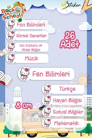 Okul Ders Etiketi Hello Kitty Temalı 26 Adet 8 Cm Okul Ders Etiketi Diğer