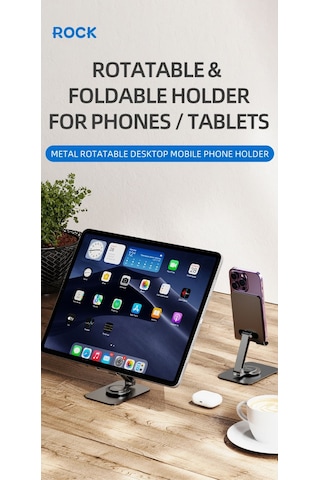 Taşınabilir Katlanabilir 360 Derece Dönebilen Telefon Ve Tablet Standı Metal Uzay Grisi